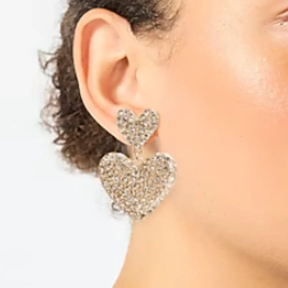 J Crew Women's Gold Plated Heart Earrings Cubic Zirconia Stone Party Prom Dangle